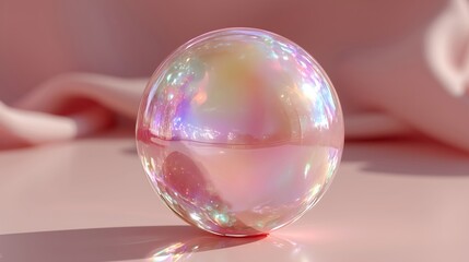 Colorful Shiny Glass Sphere on Soft Pink Surface