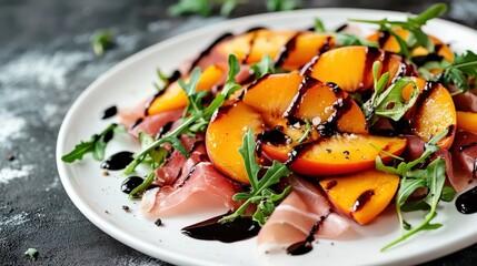 Grilled peach slices with prosciutto and arugula, drizzled with balsamic glaze.
