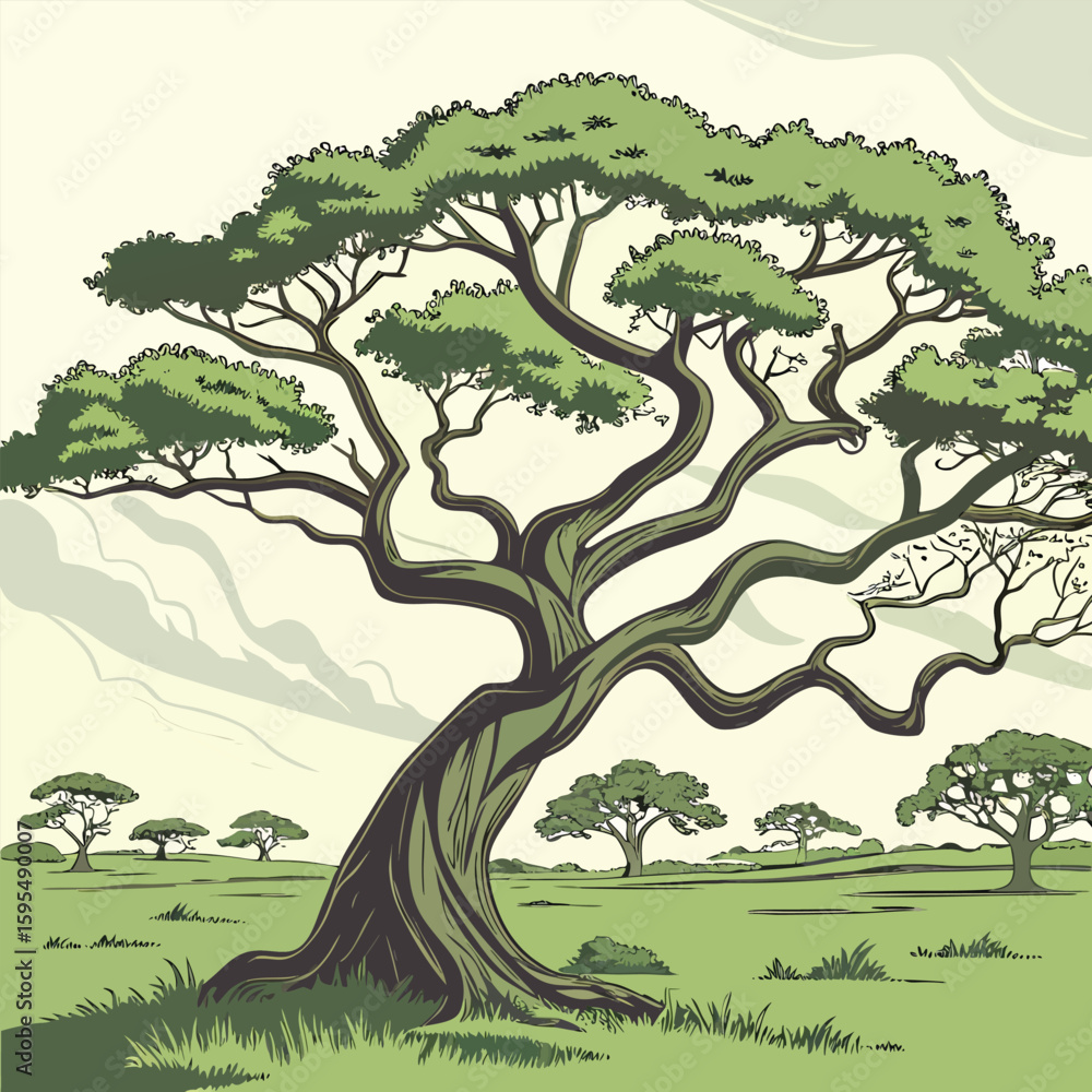 Poster majestic ancient tree with a cat illustration a detailed vector design featuring a large old tree as