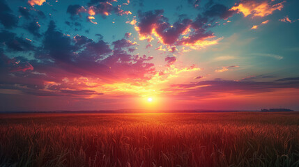 Fototapeta premium Radiant sunset over a golden field, clouds ablaze with color, horizon ablaze with the sun's light.