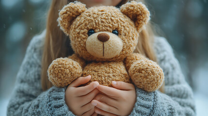Child Hugging Teddy Bear in Winter Wonderland