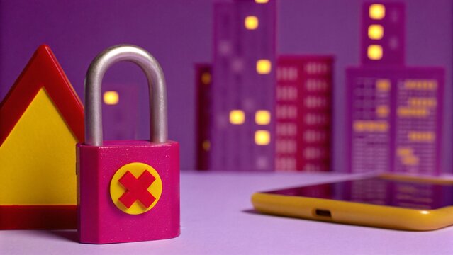 Data Security Vulnerability Concept with Padlock, Warning Sign and Smartphone in a Night City, Representing Digital Privacy Problems