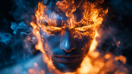 Man engulfed in flames and smoke, fiery face portrait