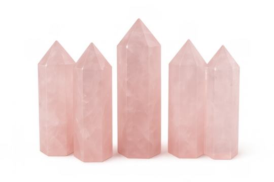 Rose quartz crystals varying in size, aligned vertically on clear surface, radiating gentle healing energy and soft pink hues