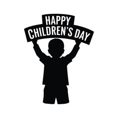 A child silhouette is holding a happy childrens day banner isolated on white background
