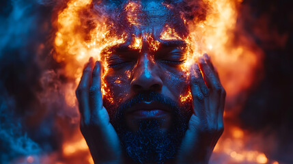 Man engulfed in flames, surreal portrait, fiery face, emotional intensity