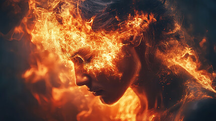 Woman engulfed in flames, fiery digital art, burning head, intense emotion