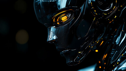 Close-up of a Futuristic Robot's Face, Glowing Eyes, Dark Background