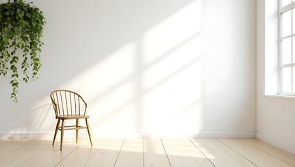Empty room with wooden chair and hanging plant bathed in sunlight