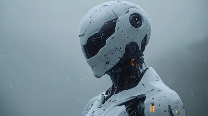 Futuristic Robot in Misty Landscape AI, Technology, and the Environment
