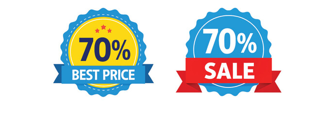 Seventy percent off stickers promote best price and sale offers for retail marketing.