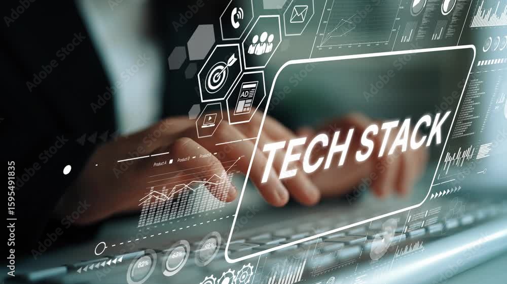 Fototapete Hands Typing on Keyboard with Tech Stack Icons and Data Visualization Elements in Modern Work Environment. Asymptotic smart data analytic.