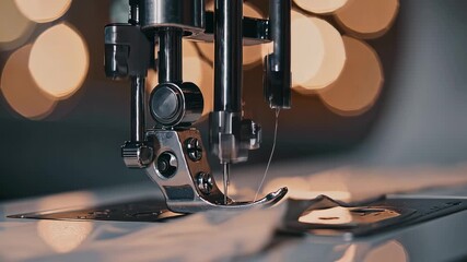 Macro view of sewing machine needle stitching fabric in slow motion, symbolizing craftsmanship, fashion production, and precise handmade garment creation