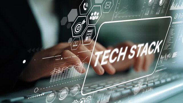 Hands Typing on Keyboard with Tech Stack Icons and Data Visualization Elements in Modern Work Environment. Asymptotic smart data analytic.