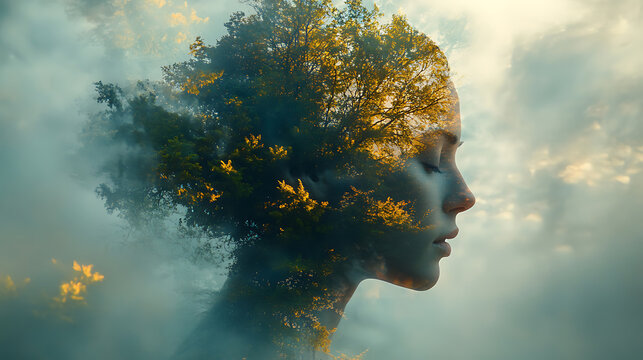 Serene Woman Double Exposure with Nature, Peaceful Mind and Environmental Harmony