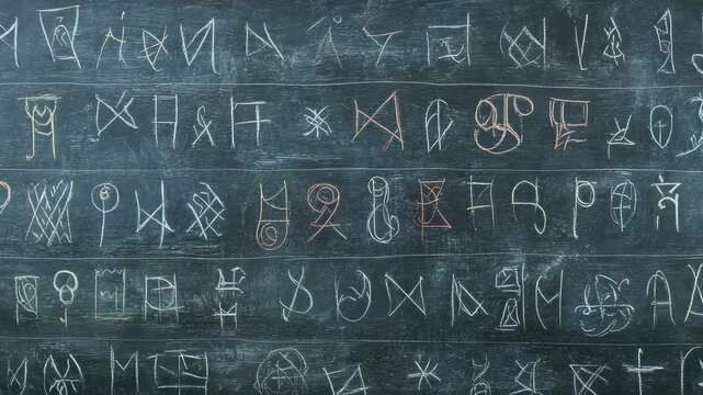 Mysterious symbols and characters drawn on chalkboard, resembling ancient script
