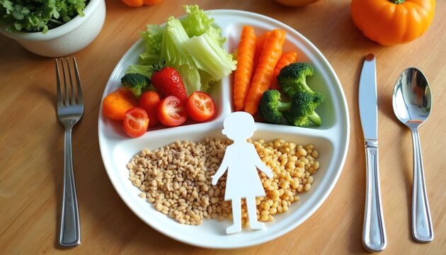 Healthy meal plate for children features vegetables like carrots, broccoli, tomatoes, strawberries, with grains, proteins. Silhouette of child represents healthy eating habits, promoting balanced