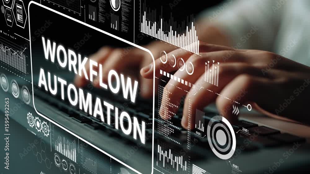 Fototapete Workflow Automation Concept Showing Hands Typing on Keyboard with Digital Interface Elements in Background. Asymptotic smart data analytic.