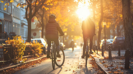 Golden hour bike ride: Cyclists enjoy an autumn day on a tree-lined avenue bathed in warm sunlight.