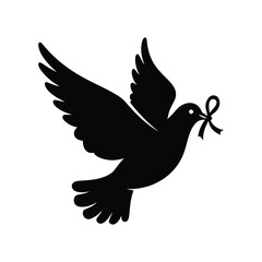 A dove is flying with a ribbon in its beak, symbolizing peace and support for cancer awareness and the fight against the disease