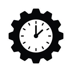 A clock inside a gear symbolizes time management and mechanical processes, isolated on white background