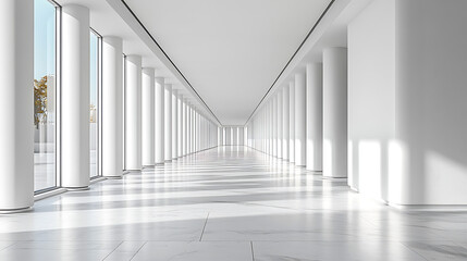 Modern Minimalist White Hallway with Marble Floor and Large Windows