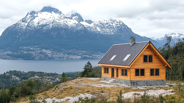 A wooden cabin sits atop a hill overlooking a serene lake and snow-capped mountains.