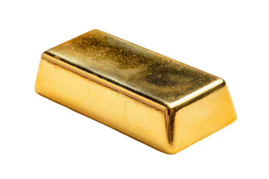 Gold bar displayed on clean surface product photography studio. Isolated on transparent background, png.