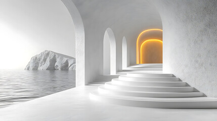 Serene Coastal Architecture Minimalist White Structure with Ocean View and Glowing Archway