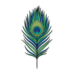 flat vector illustration of a peacock feather with geometric symmetry and vibrant color blocks isolated on white