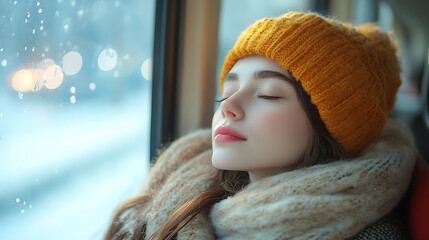Serene Young Woman on Public Transport, Winter Daydream
