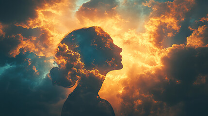 Woman Silhouette Merged with Fiery Sunset Cloudscape Inner Peace and Spiritual Awakening