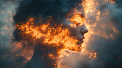 Fiery Transformation A Woman's Face Emerging from Flames and Clouds