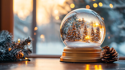 Enchanting Winter Snow Globe with Golden Base on Windowsill at Sunset