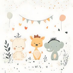 Cute Animal Party: Nursery Illustration of Giraffe, Deer, Elephant