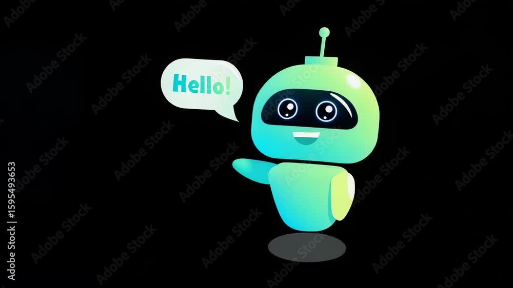 Poster friendly turquoise robot waving hello in a minimalist style against a transparent background