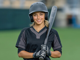 Young female athlete in black sports uniform, confidently holding a baseball bat, stands on a field, showcasing determination and readiness for the game ahead