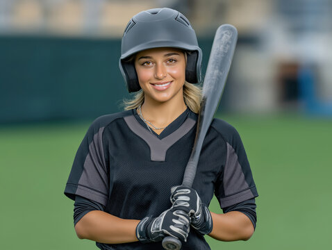 Young female athlete in black sports uniform, confidently holding a baseball bat, stands on a field, showcasing determination and readiness for the game ahead - Powered by Adobe