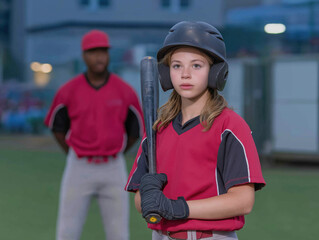 Fototapeta premium Young girl in red baseball uniform stands at bat, focused and ready, with a teammate in the background, capturing the excitement of youth sports and teamwork