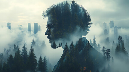 Double Exposure Man, Nature, and Cityscape in Harmony