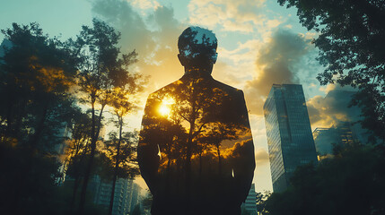Man Silhouette Double Exposure with Trees and Cityscape at Sunset