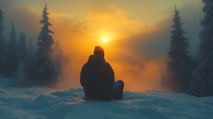 Solitary Figure Contemplating a Majestic Winter Sunset