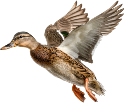 Flying duck in action nature scene wildlife photography close-up. Isolated on transparent background, png.