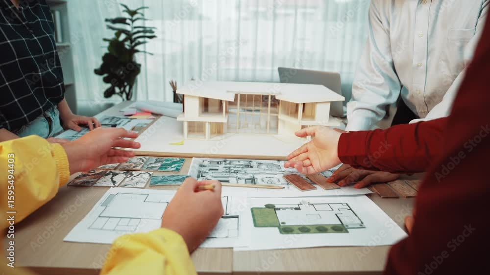 Aufkleber a diverse team collaborates on architectural designs in a modern office setting, examining blueprint