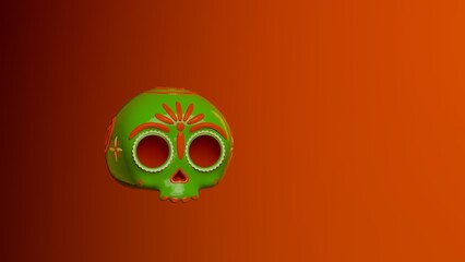 Green sugar skull positioned left on gradient orange background for Mexican tradition