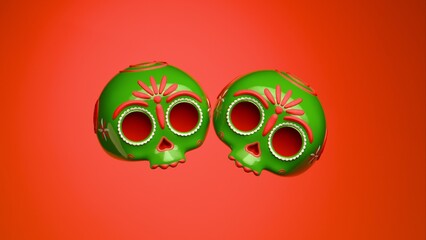 Two green sugar skulls floating together on vibrant orange background for celebration