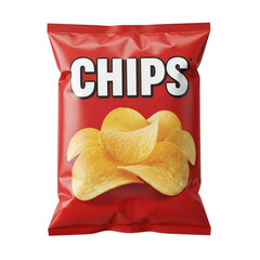 Bright red potato chips bag showcasing delicious golden crispy chips snack on transparent background