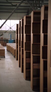 Wood Shelves in Factory Aisle. Rows of freshly manufactured wooden shelving units lined up in a spacious industrial workshop. 