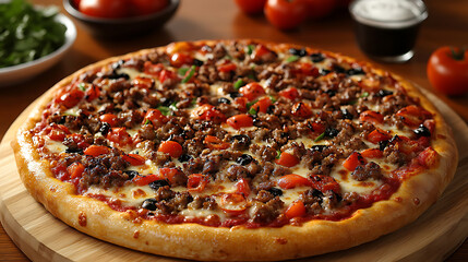 Delicious Meat Lovers Pizza with Tomatoes and Olives on Wooden Board