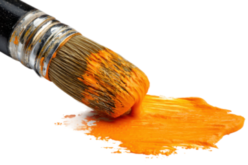 Painting action with brush and orange paint in studio environment. Isolated on transparent background, png.